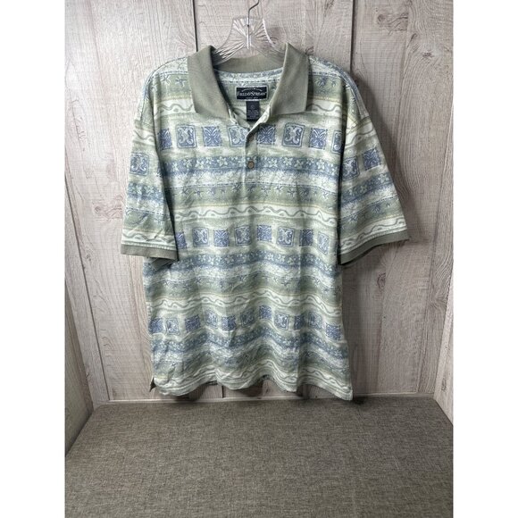 Field & Stream Mens XL Green Blue Patterned Polo Shirt Palm Trees Casual Cruise - Picture 1 of 6